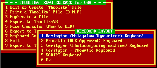 DOSBox Screen: Thoolika Menu with Diverse Keyboard Layout Options